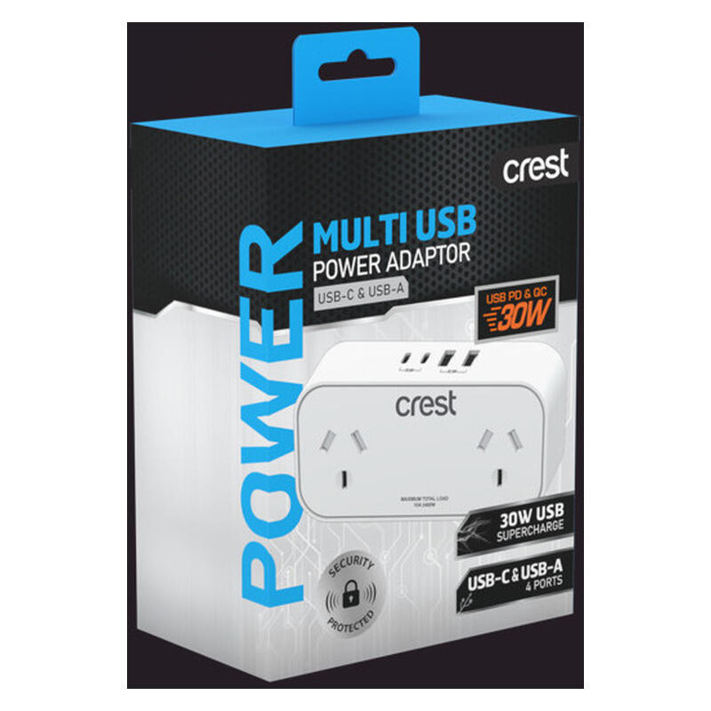 Crest 30W Power Adaptor 2 Sockets with 4 USB Ports
