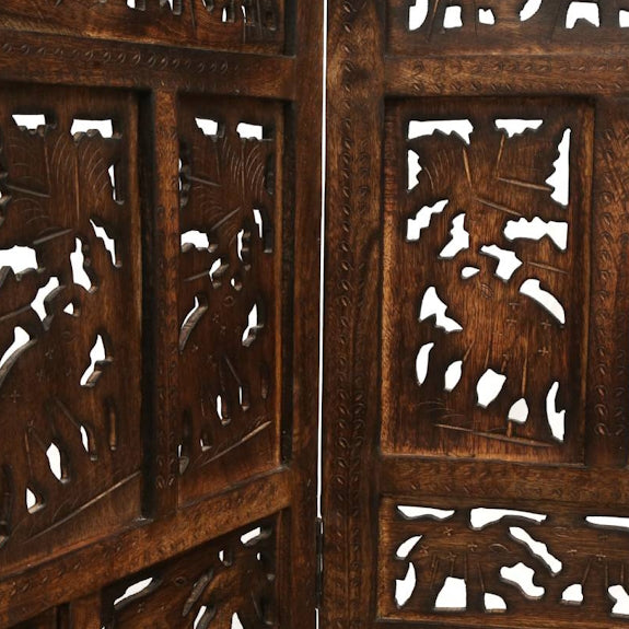 Elephant Carved Timber Privacy Screen - Burnt Brown