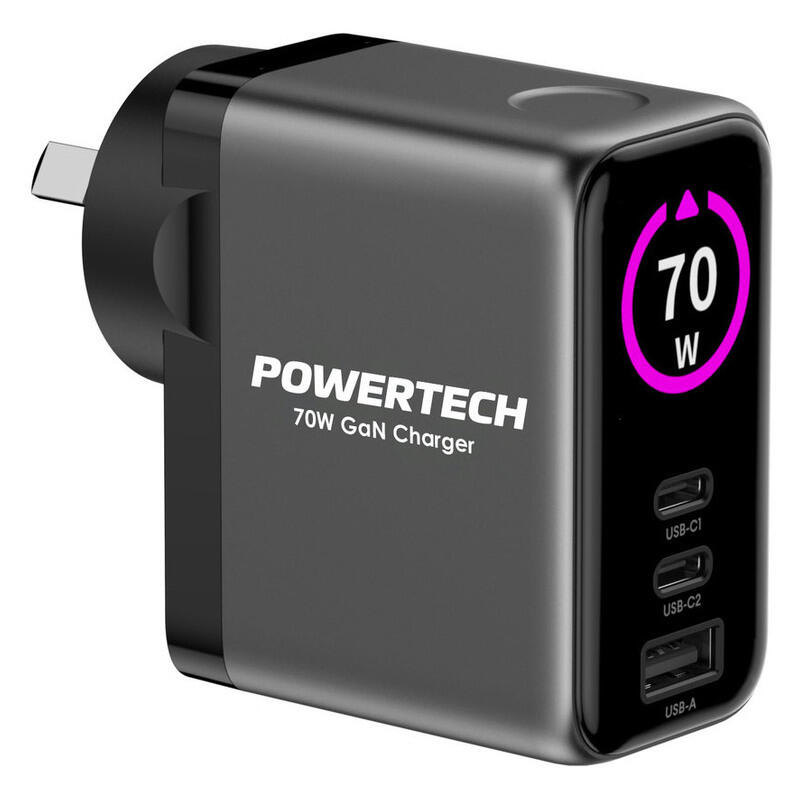 Powertech 70W GaN Dual USB-C + A Mains Power Adapter with TFT Screen