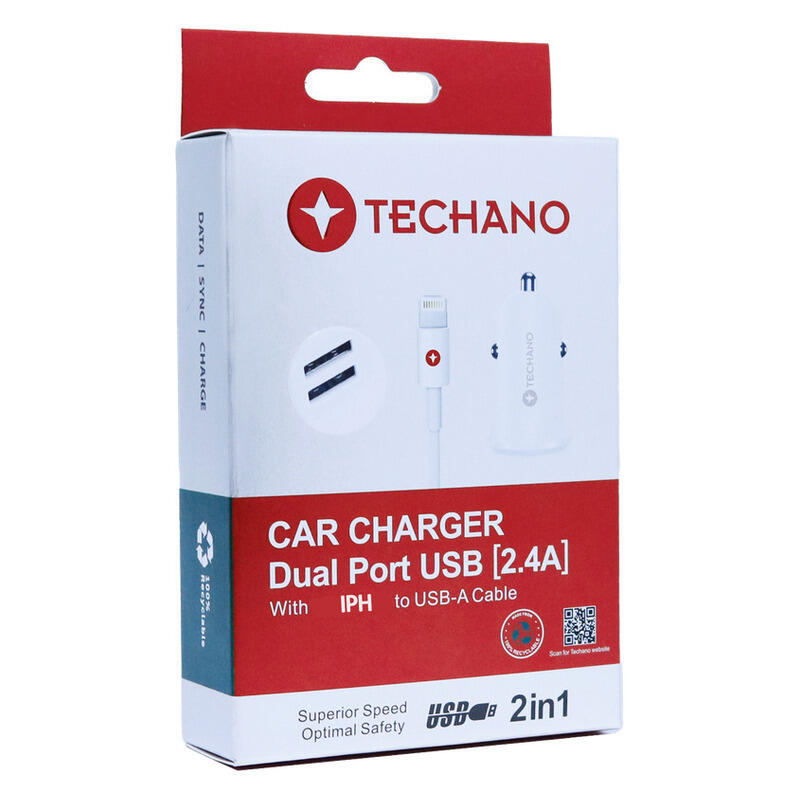 Techano Car Charger Dual Port USB 2.4A with IPH to USB-A Cable