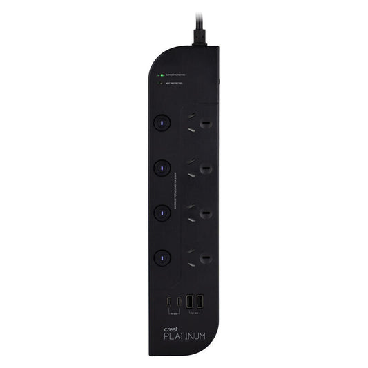 Crest Platinum 1.8M Surge Protector 4 Socket Switched Power Board with 4 USB Ports PD 65W