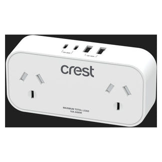 Crest 30W Power Adaptor 2 Sockets with 4 USB Ports