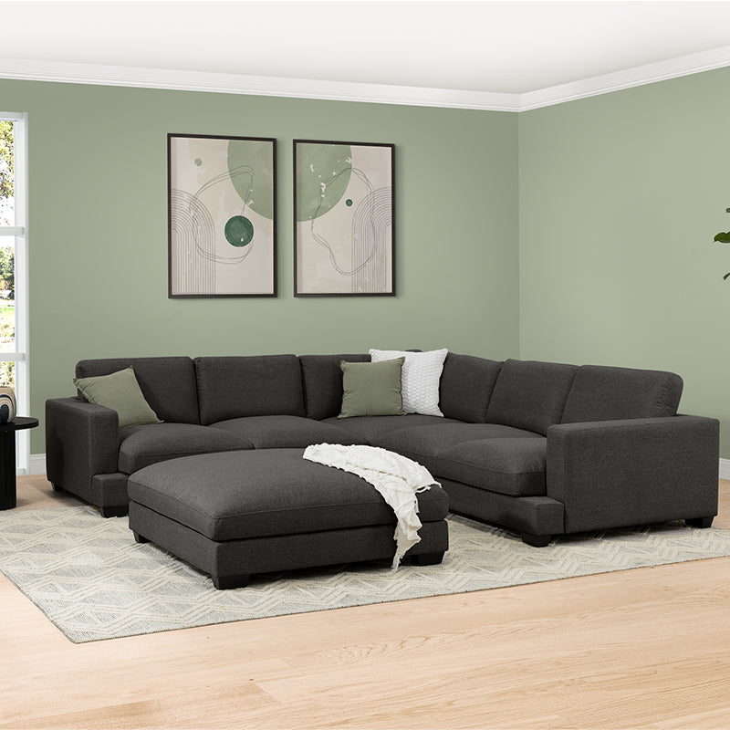 Daria 5 Seater Corner Fabric Lounge with Ottoman - Dark Grey