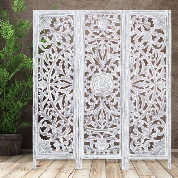 Diego Carved Timber Privacy Screen - White Antique