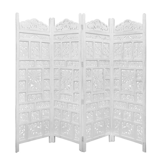 Elephant Carved Timber Privacy Screen - White