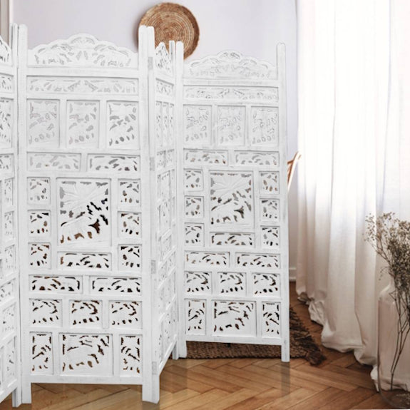 Elephant Carved Timber Privacy Screen - White