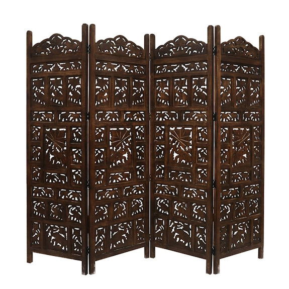 Elephant Carved Timber Privacy Screen - Burnt Brown