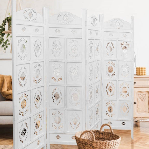 Iron Jali Carved Timber Privacy Screen - White