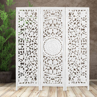 Jans Carved Timber Privacy Screen - White Antique