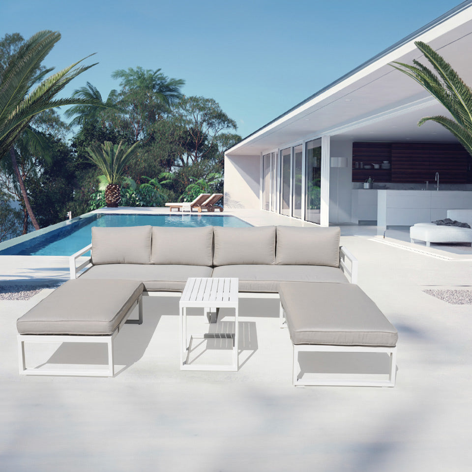 New Moon 5 Piece Modular Outdoor Lounge Setting - White/Biege