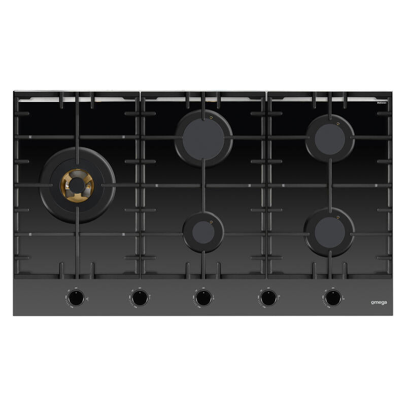 Omega 90cm Gas on Glass Cooktop with Wok Burner - Black