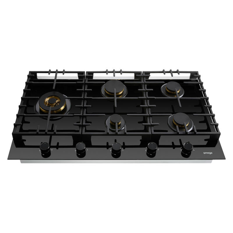 Omega 90cm Gas on Glass Cooktop with Wok Burner - Black
