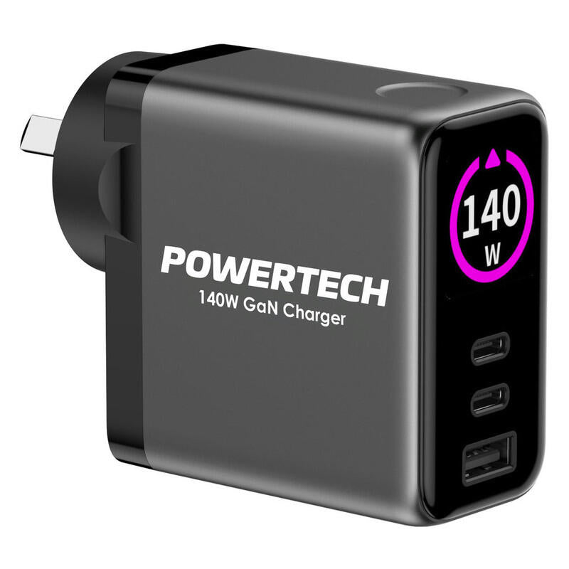 Powertech 140W GaN Dual USB-C + A Mains Power Adapter with TFT Colour Screen Display