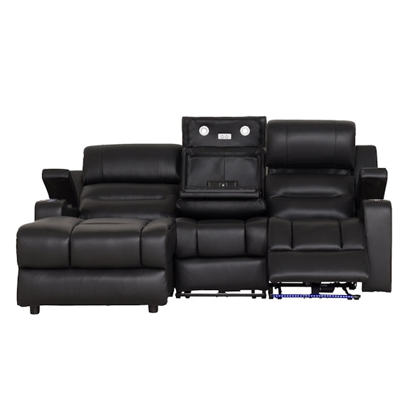 Spielberg 3 Seater Leather Sofa with Electric Recliner and LHF Chaise - Black