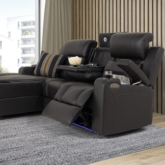 Spielberg 3 Seater Leather Sofa with Electric Recliner and LHF Chaise - Black