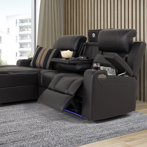 Spielberg 3 Seater Leather Sofa with Electric Recliner and LHF Chaise - Black