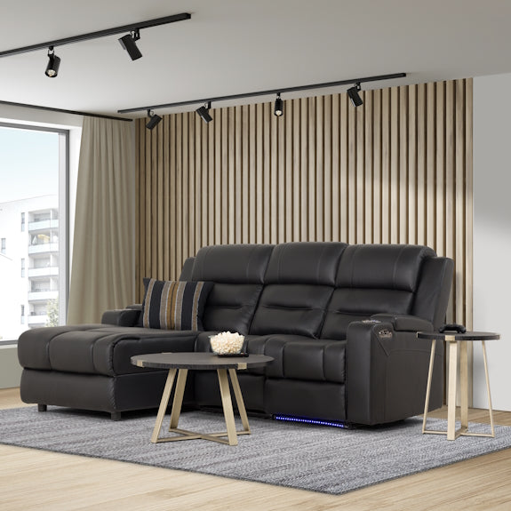 Spielberg 3 Seater Leather Sofa with Electric Recliner and LHF Chaise - Black
