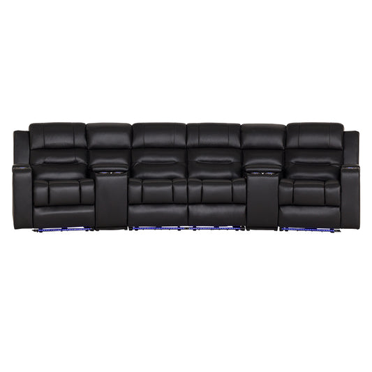 Spielberg 4 Seater Home Theatre Electric Recliner Leather Lounge - Black