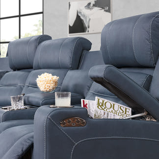 Spielberg 4 Seater Home Theatre Electric Recliner Fabric Lounge - Azure