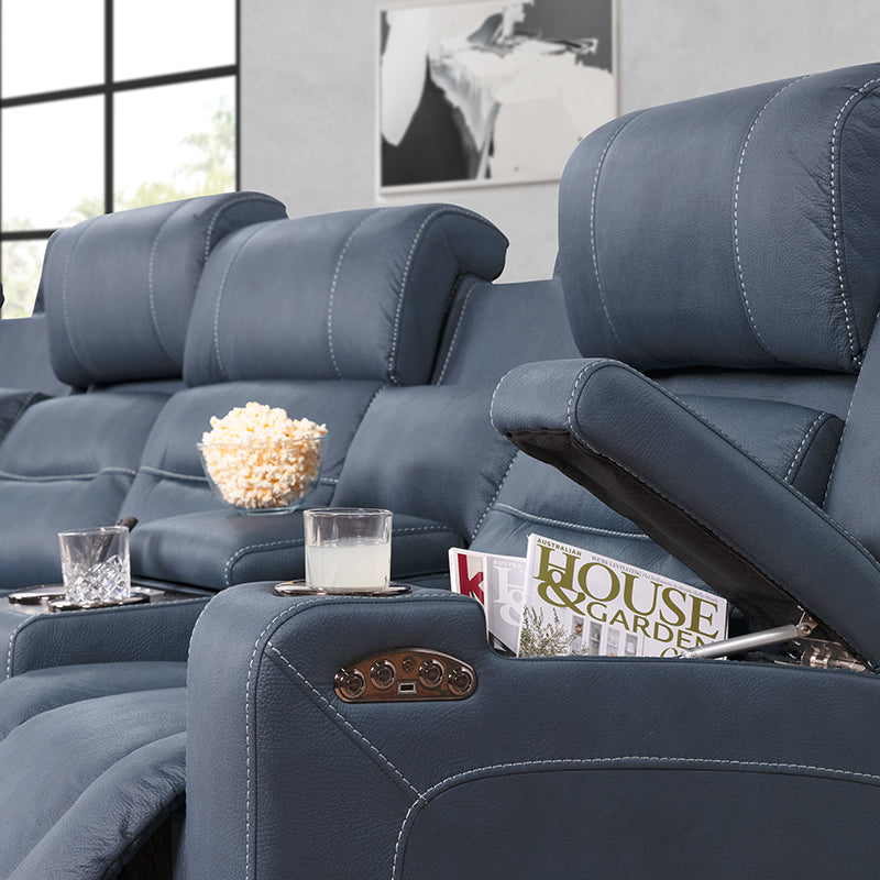 Spielberg 4 Seater Home Theatre Electric Recliner Fabric Lounge - Azure