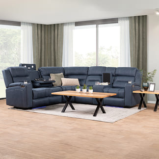 Spielberg 5 Seater Home Theatre Corner Fabric Recliner Lounge - Azure