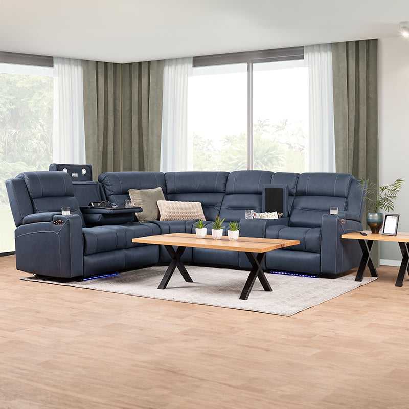 Spielberg 5 Seater Home Theatre Corner Fabric Recliner Lounge - Azure