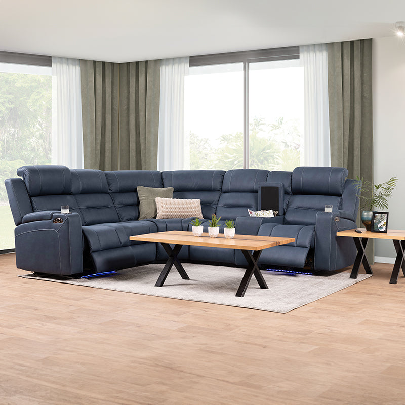 Spielberg 5 Seater Home Theatre Corner Fabric Recliner Lounge - Azure