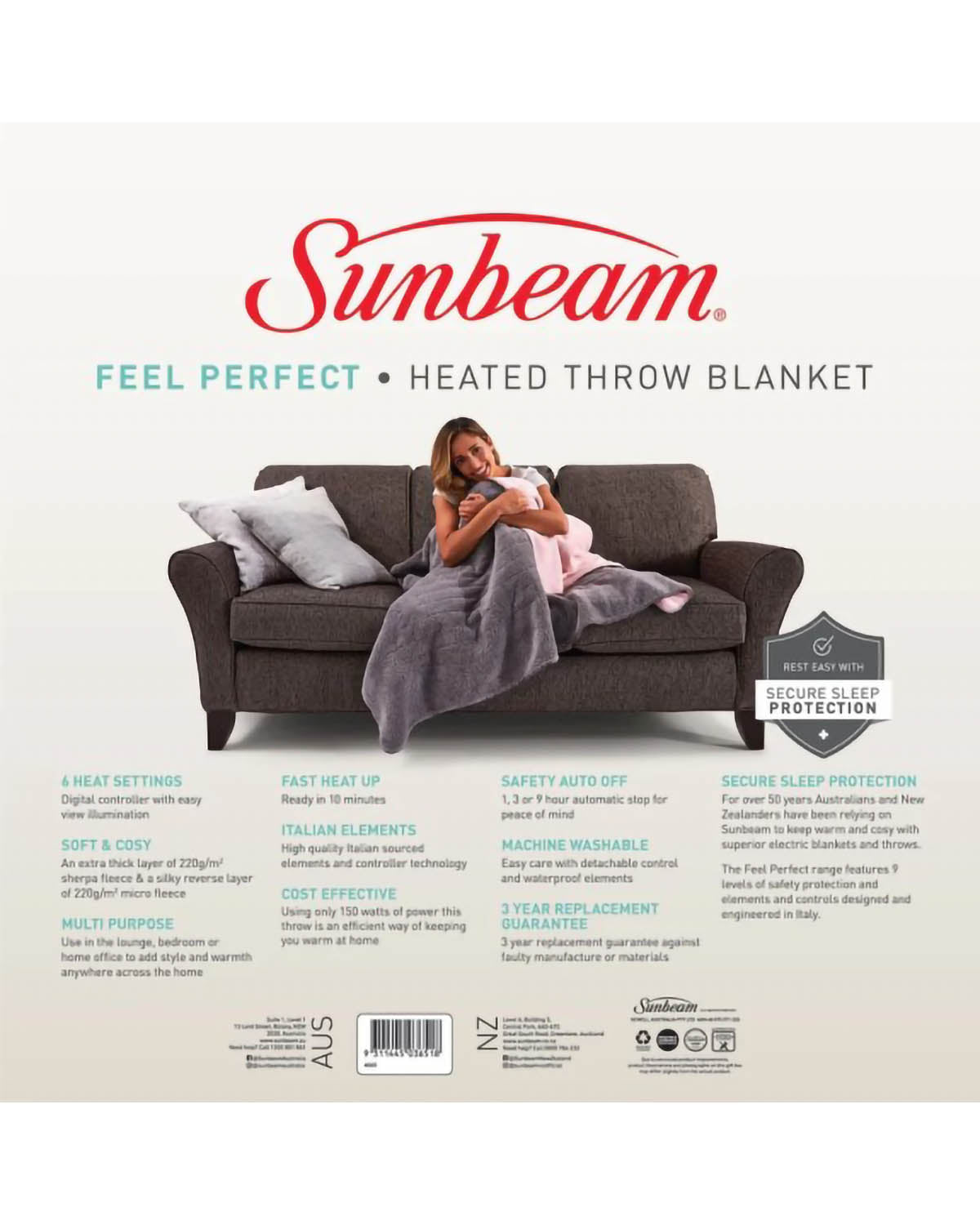 Sunbeam Feel Perfect Snug & Cosy Reversible Heated Throw - Grey/Pink