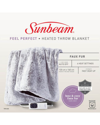 Sunbeam Feel Perfect Faux Fur Heated Throw - Grey