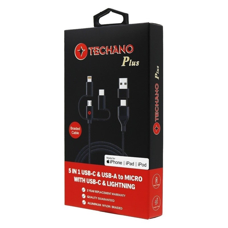Techano Plus 2m 5-in-1 USB-C & USB-A to MICRO with USB-C & Lightning Multiuse Cable
