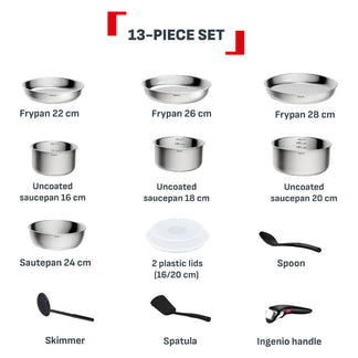 Tefal Ingenio Emotion+ 13 Piece Induction Uncoated Stainless Steel Set