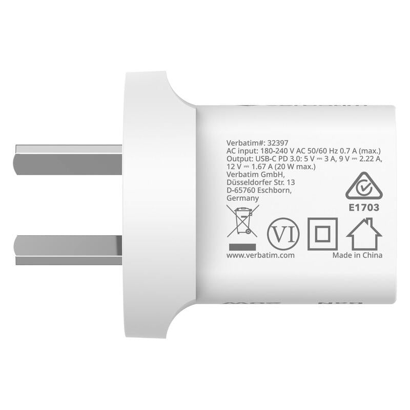 Verbatim Mini GaN 20W Charger Bundle with USB-C to USB-C Cable