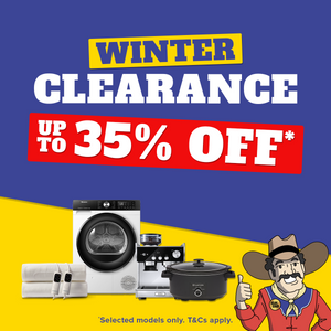 Winter Clearance sale advertisement featuring a washing machine, espresso machine, slow cooker, and folded towels on a blue and yellow background with large text reading 'WINTER CLEARANCE UP TO 35% OFF*'. A cartoon cowboy character appears in the lower right corner.